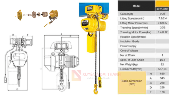 Pa lăng xích điện 250kg - 2 tốc độ - 3 pha