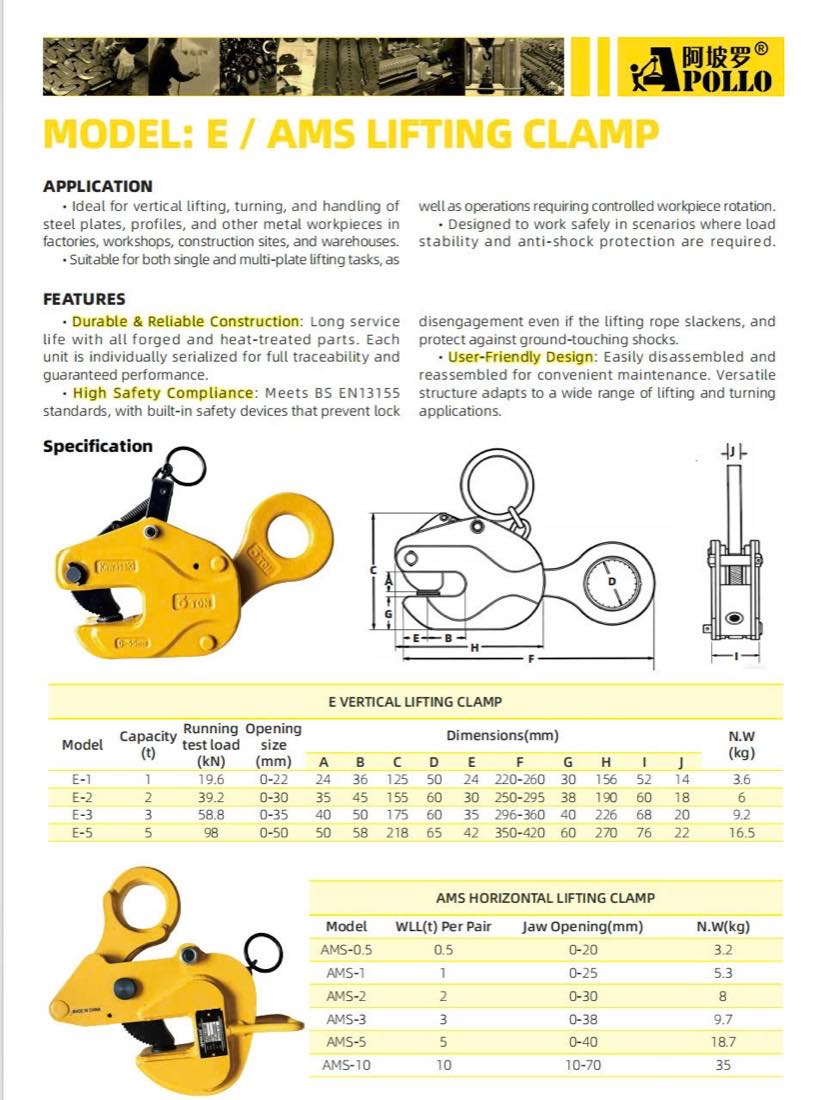 Bảng thông số catalog kẹp tôn đứng E và kẹp tôn ngang AMS APOLLO