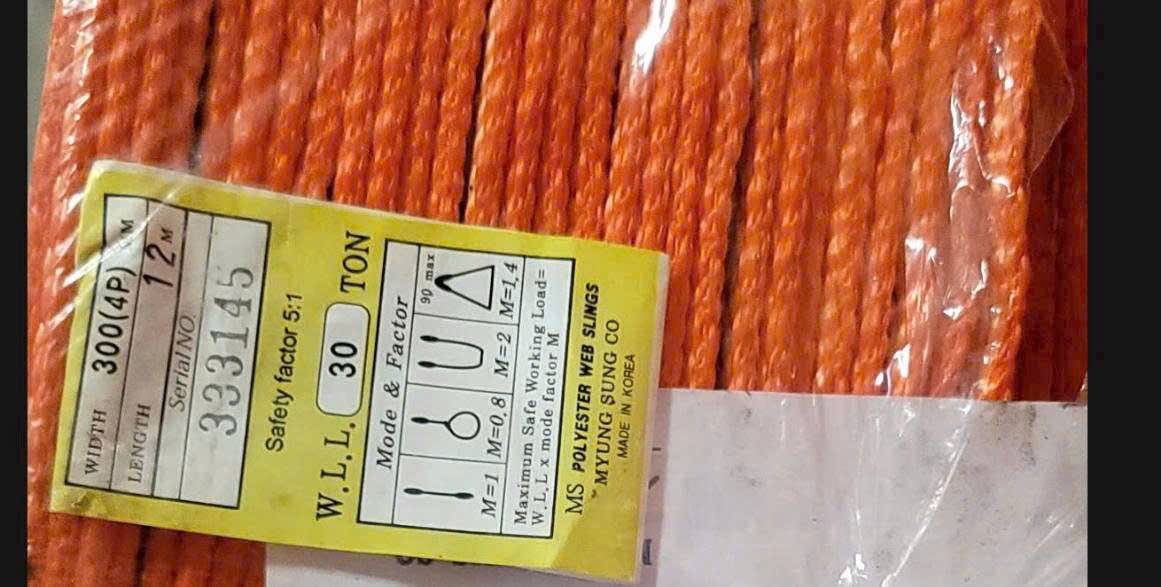 Nhãn cáp vải Myung Sung WLL 30 tấn bản 300mm 4 lớp dài 12m Made in Korea