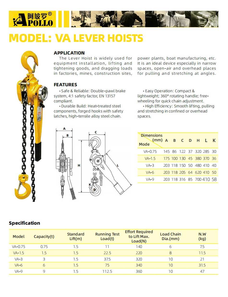 Thông số và tính năng palang xích lắc tay APOLLO dòng VA (VA-0.75)