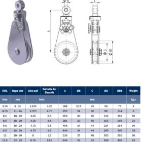 Bảng tra kích thước ròng rọc móc ma ní APOLLO các tải trọng